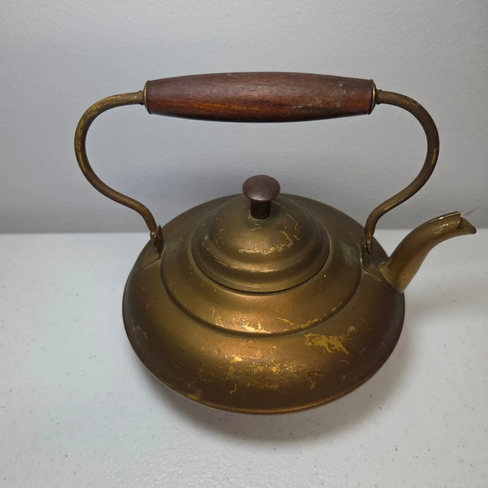 Vintage Revere Ware Copper Tea‎ Kettle Brass Handle Wood Grip 6 Cup 8X6